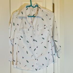 Coral Bay White Button-Down Shirt with Wine Bottle and Glass Print